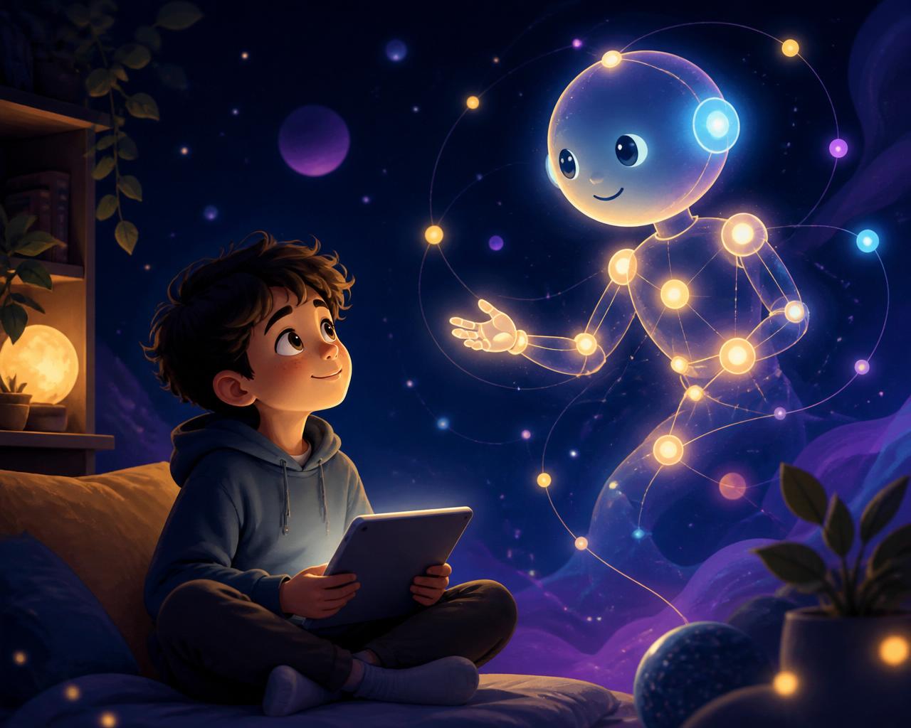 A child sitting with a tablet, looking up at a glowing friendly AI learning companion